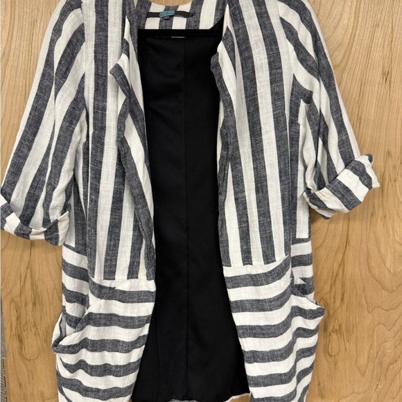 Anthropologie Eva Franco Size Small Black/white Stripped Linen Blend Car Coat - Picture 1 of 9